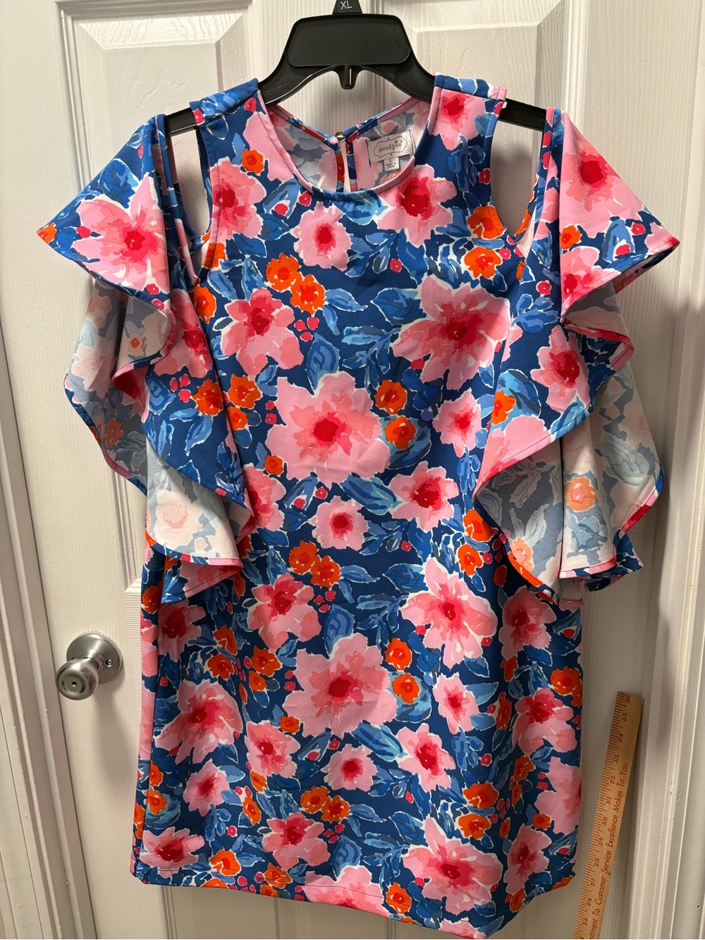 Mud Pie Blue Floral Cold-Shoulder Mini Dress with Pink & Orange Flowers